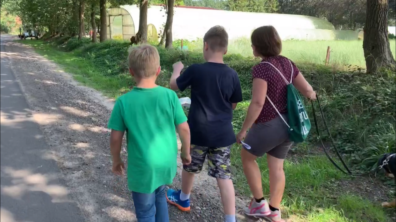 Mutter spaziert mit ihren zwei Söhnen