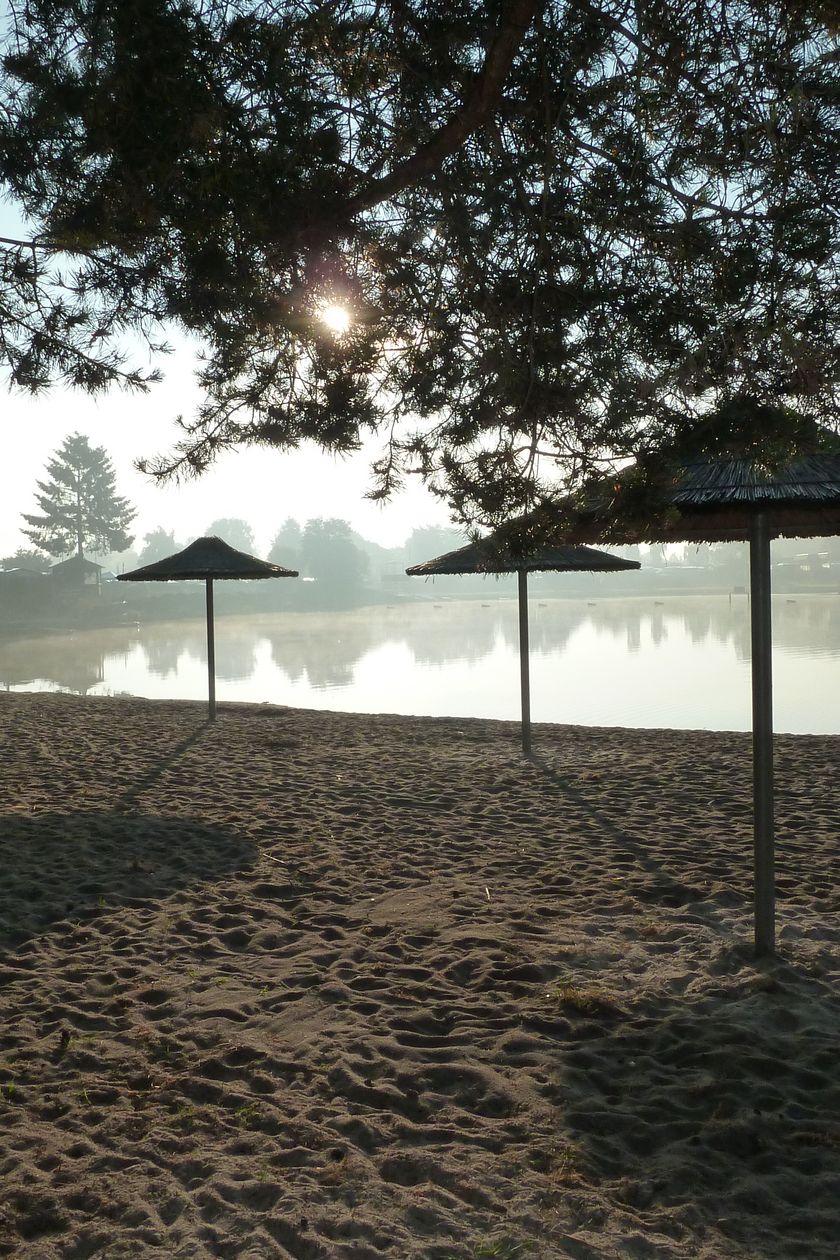 Sandstrand und Sonnenschirme in der Morgensonne am Bernsteinsee