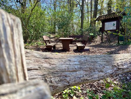 Holztisch mit Sitzbänken an der Bokeler Burg