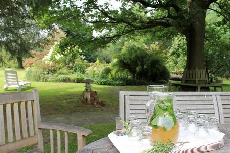 Selbstgemachte Kräuterlimonade in einer Glaskaraffe auf einem Holztisch mit Stühlen drumherum